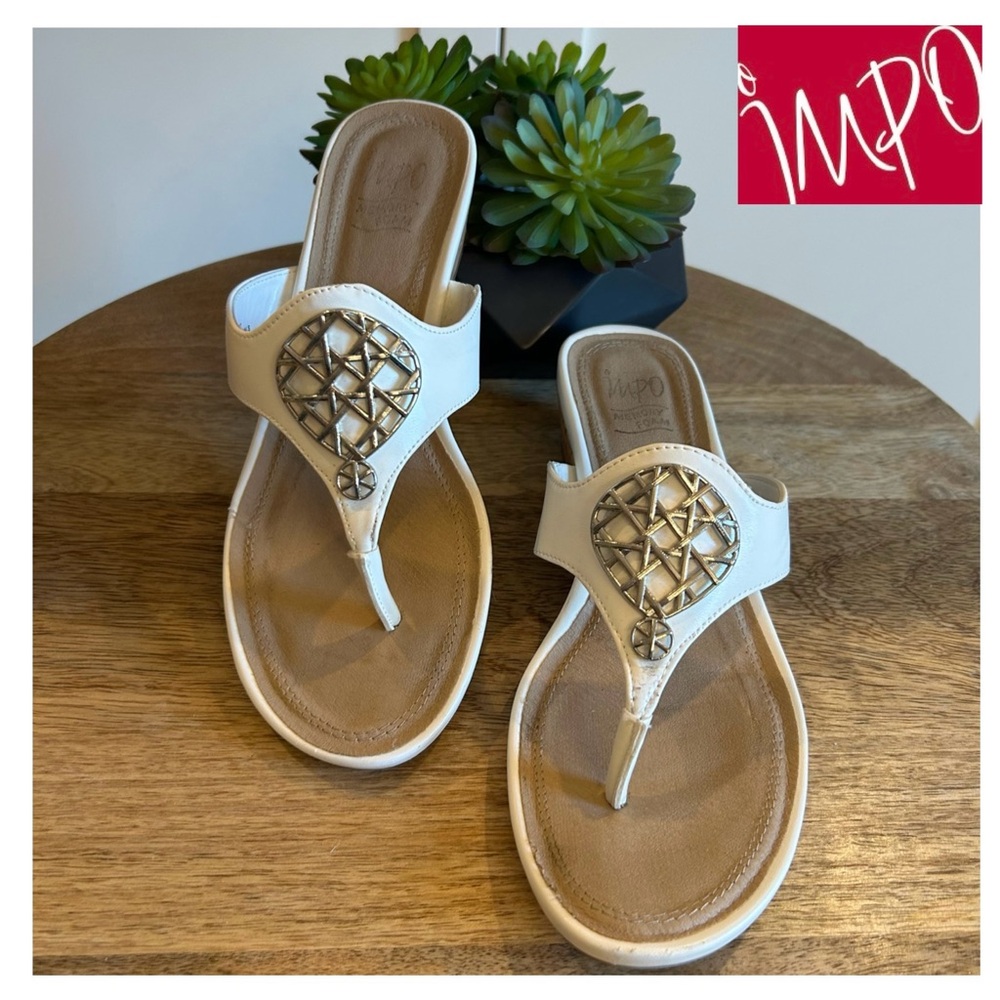 Impo White Leather Thong Sandal, Silver Detail